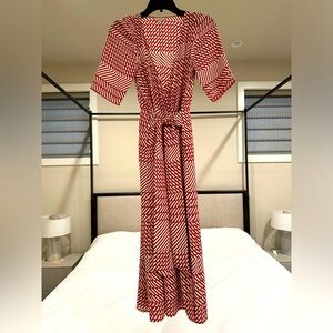 Designer Joie red and Ivory mid length wrap dress